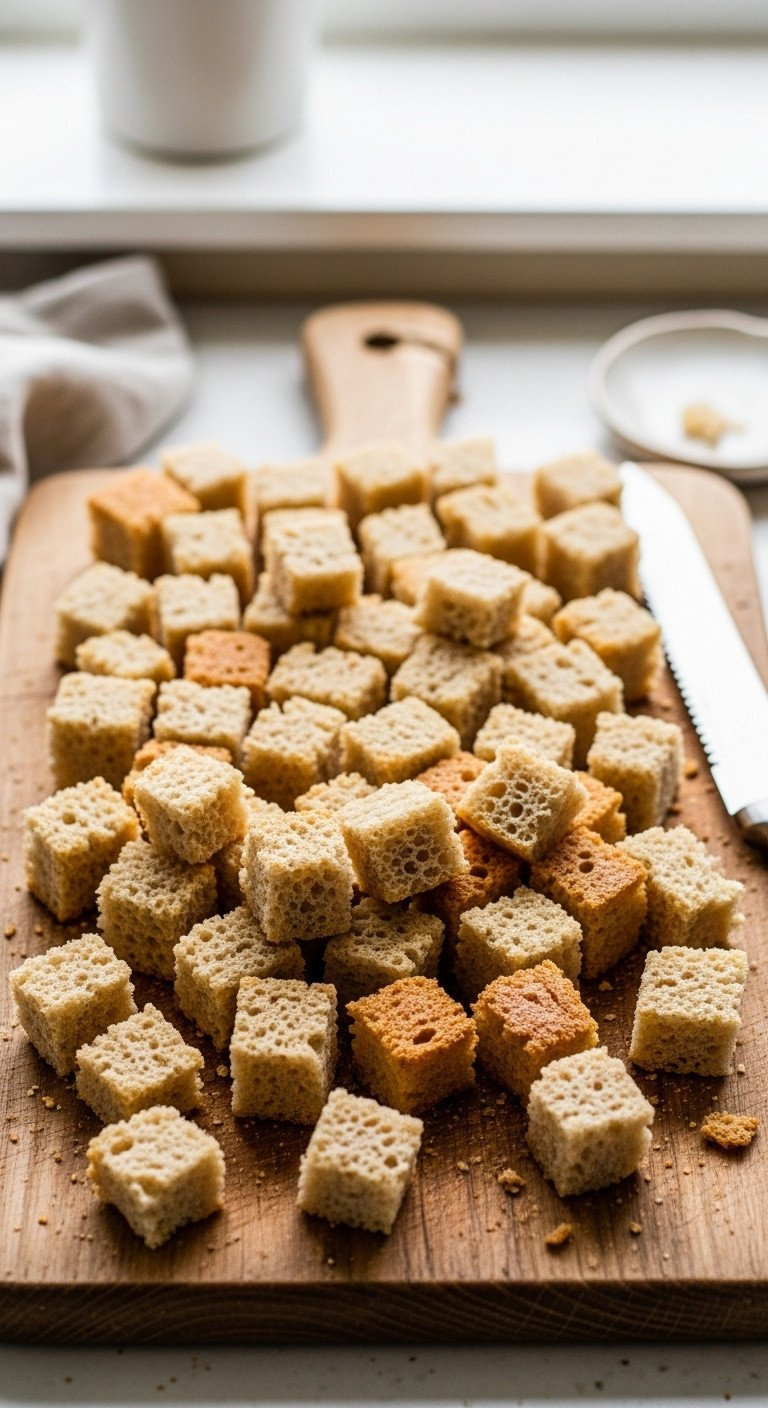 Perfectly Uniform Rustic Golden-Brown Toasted Bread Cubes On A Large Wooden Cutting Board With A Serrated Knife, Kitchen Towel.
