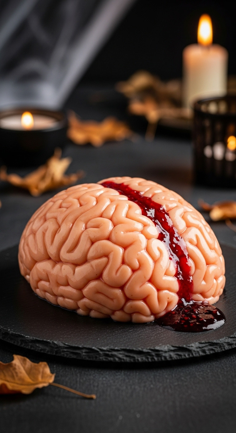 Perfectly Unmolded Fleshy-Peach Gelatin Brain With Raspberry Jam 'Blood' On Dark Slate Platter, With Cobwebs And Candle