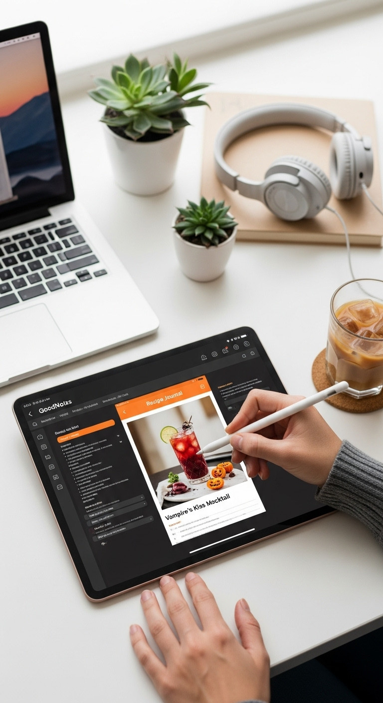 Person Using A Tablet For A Digital Halloween Recipe Journal With Spooky Dark Mode Template And Vampire's Kiss Mocktail Photo Perfect For Spooky Ideas