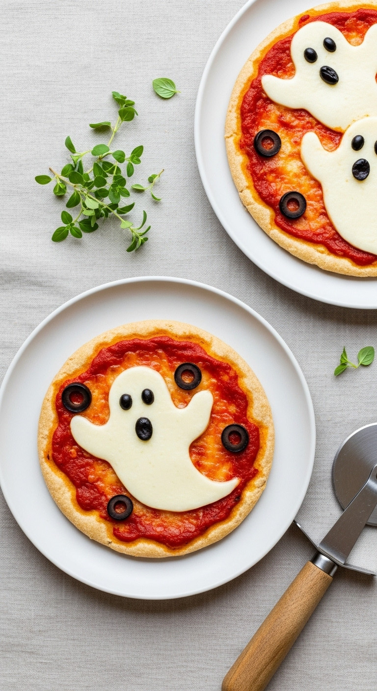 Personal Ghostly Halloween Pizza With Melted Ghost-Shaped Mozzarella, Black Olive Eyes, Red Tomato Sauce On A White Plate, Bright Setting.