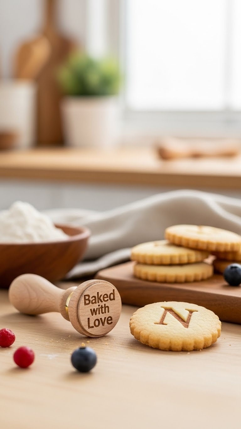 Personalized Baked With Love Stamp Next To Freshly Stamped Cookies On Wooden Surface