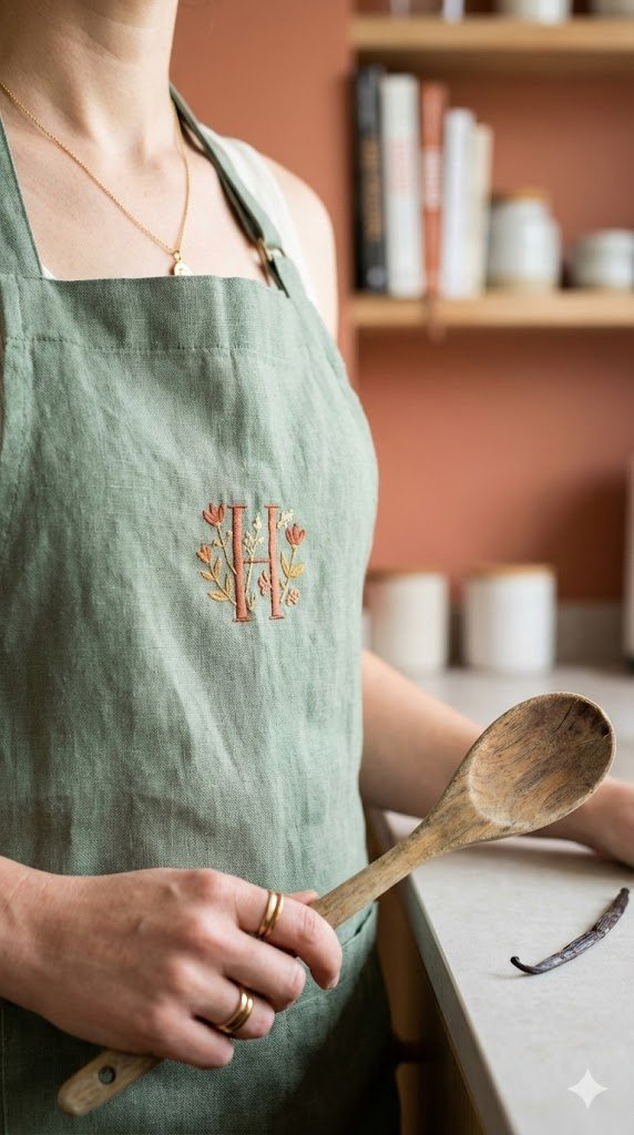 Personalized Baking Apron With Embroidery And Jewelry Holding Wooden Spoon In Kitchen
