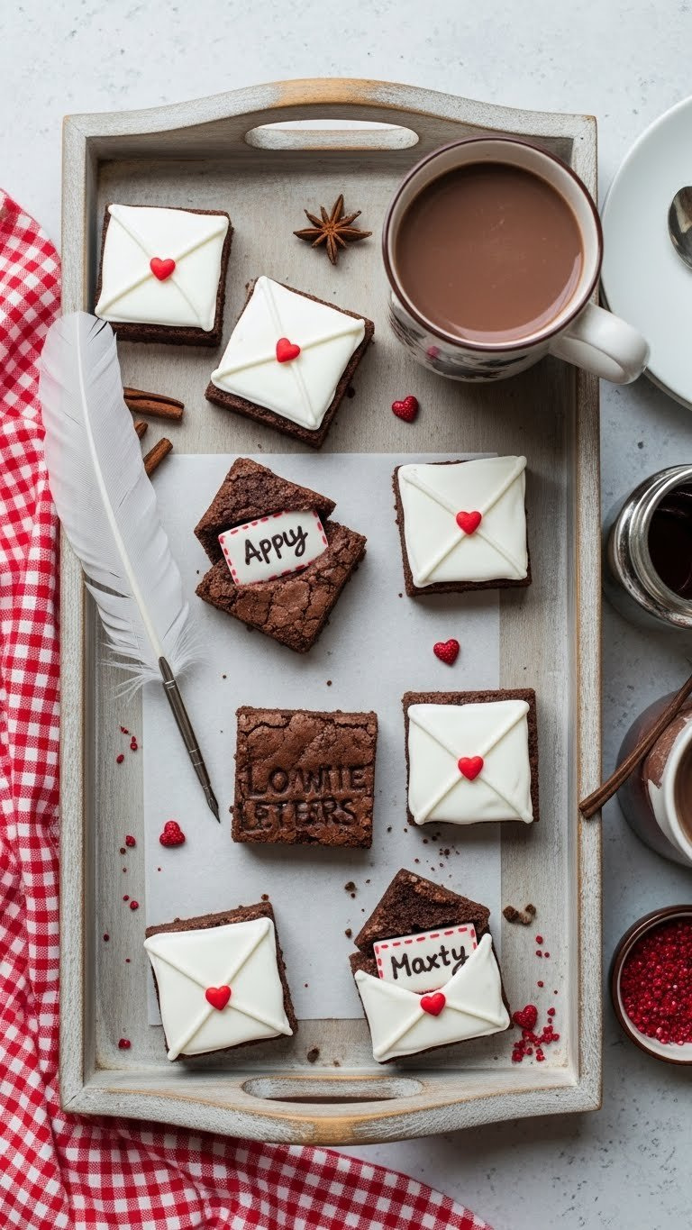 Personalized Brownie Love Letters Decorated With White Royal Icing Envelopes On Vintage Wooden Tray