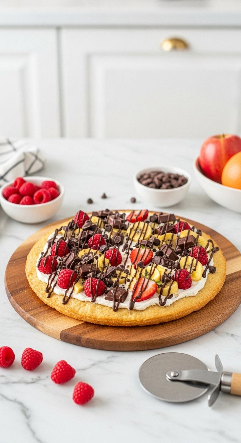 Personalized Dessert Pizza With Fruit And Chocolate Toppings On A Wooden Board And Pizza Cutter. Bright Kitchen Setting.