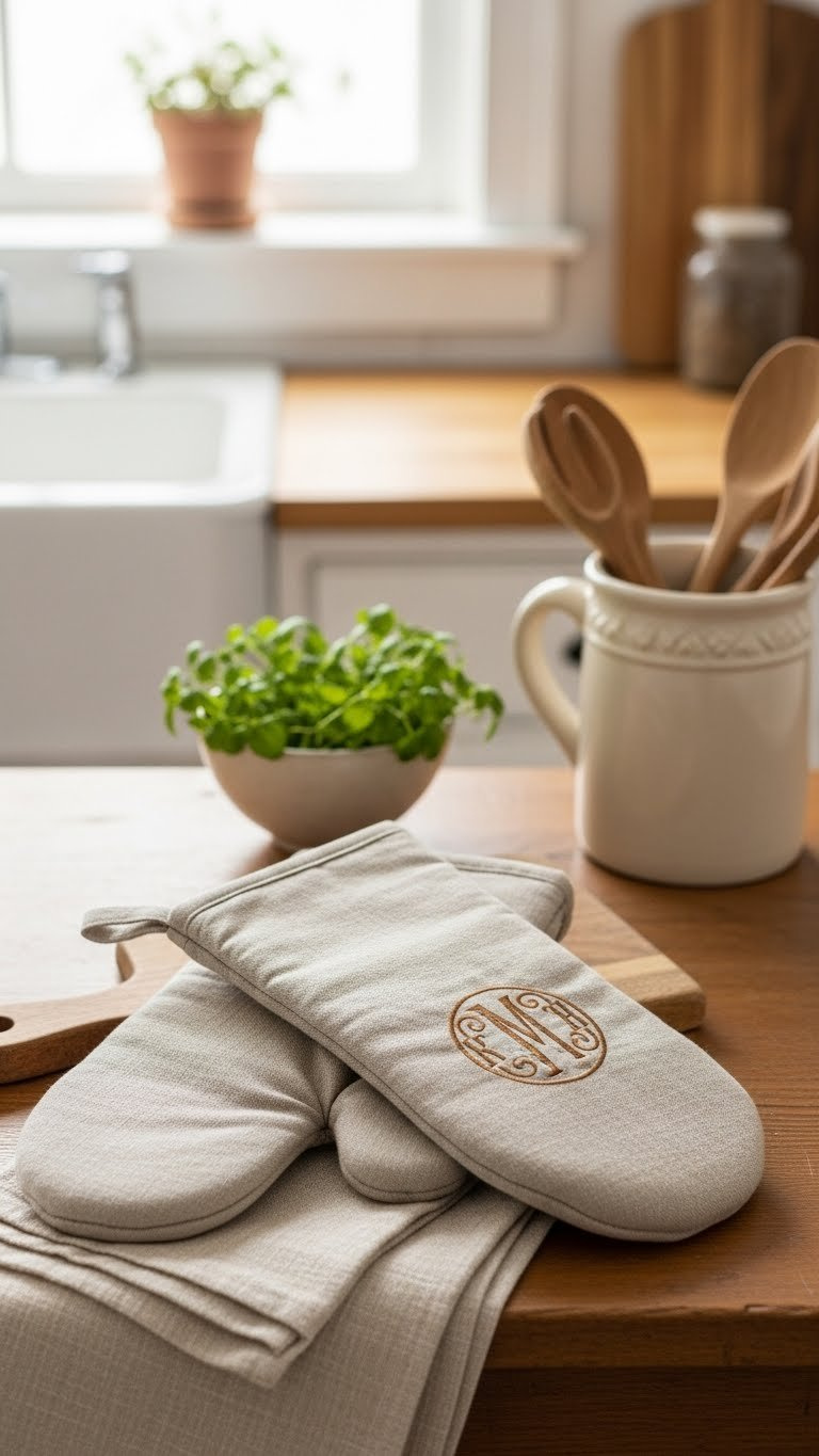 Personalized Embroidered Linen Oven Mitts With Monogram Design Resting On Folded Towel With Cutting Board