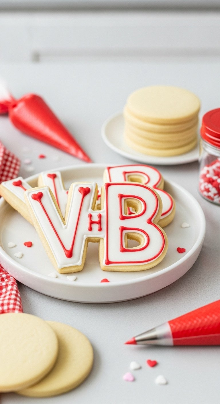 Personalized Initial Sugar Cookies (V &Amp; B) With Red &Amp; White Royal Icing On A Platter, With Piping Bag &Amp; Sprinkles. Fun Custom Treats.