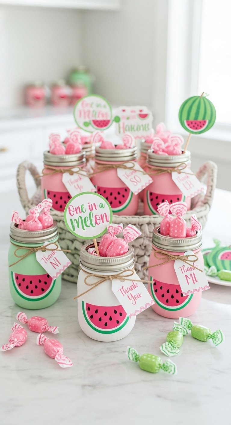 Personalized Watermelon Mason Jar Party Favors Filled With Candies Arranged In A Decorative Basket On A Marble Countertop.