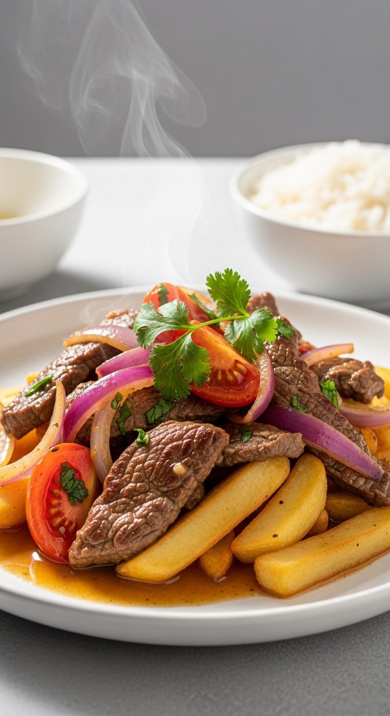 Peruvian Lomo Saltado Stir-Fry With Beef Strips, Onions, Tomatoes, And French Fries Served On A White Plate.