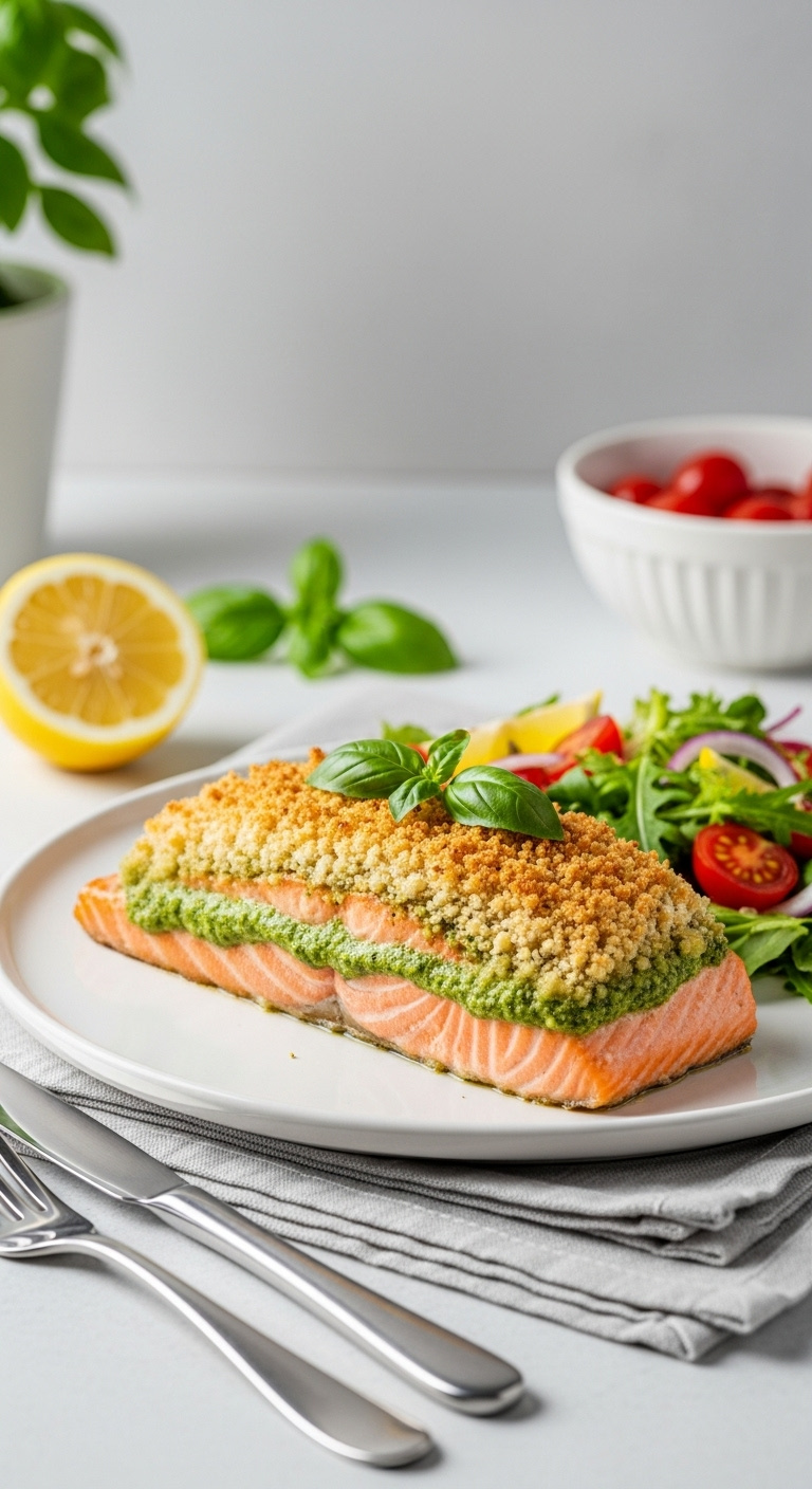 Pesto Salmon With Crispy Breadcrumb Crust On A White Plate With A Side Salad Lemon Wedge And Basil