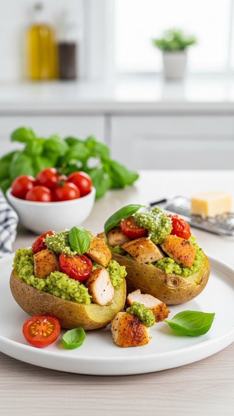Pesto Chicken Roasted Tomato Stuffed Potatoes With Pesto-Infused Filling, Tender Chicken, And Cherry Tomatoes