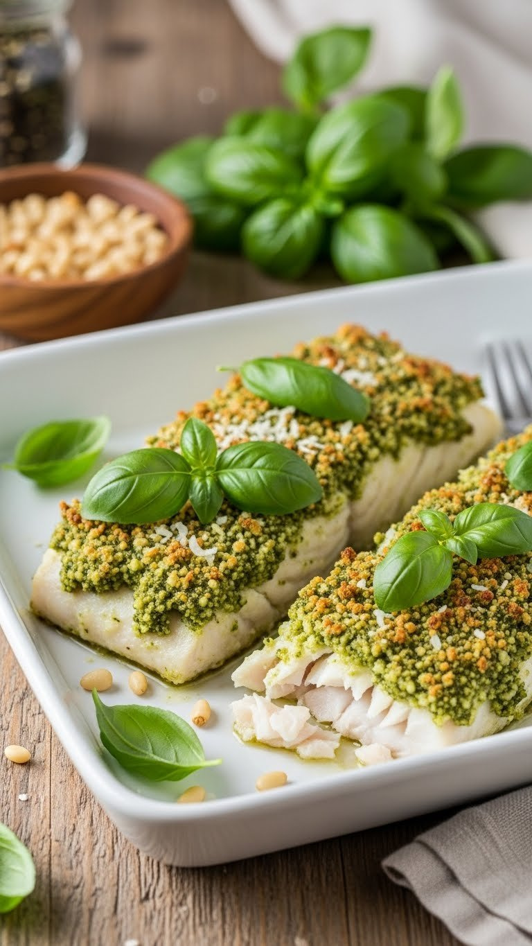 Pesto Crusted White Fish Fillets With Basil Leaves And Parmesan Garnish On White Serving Dish