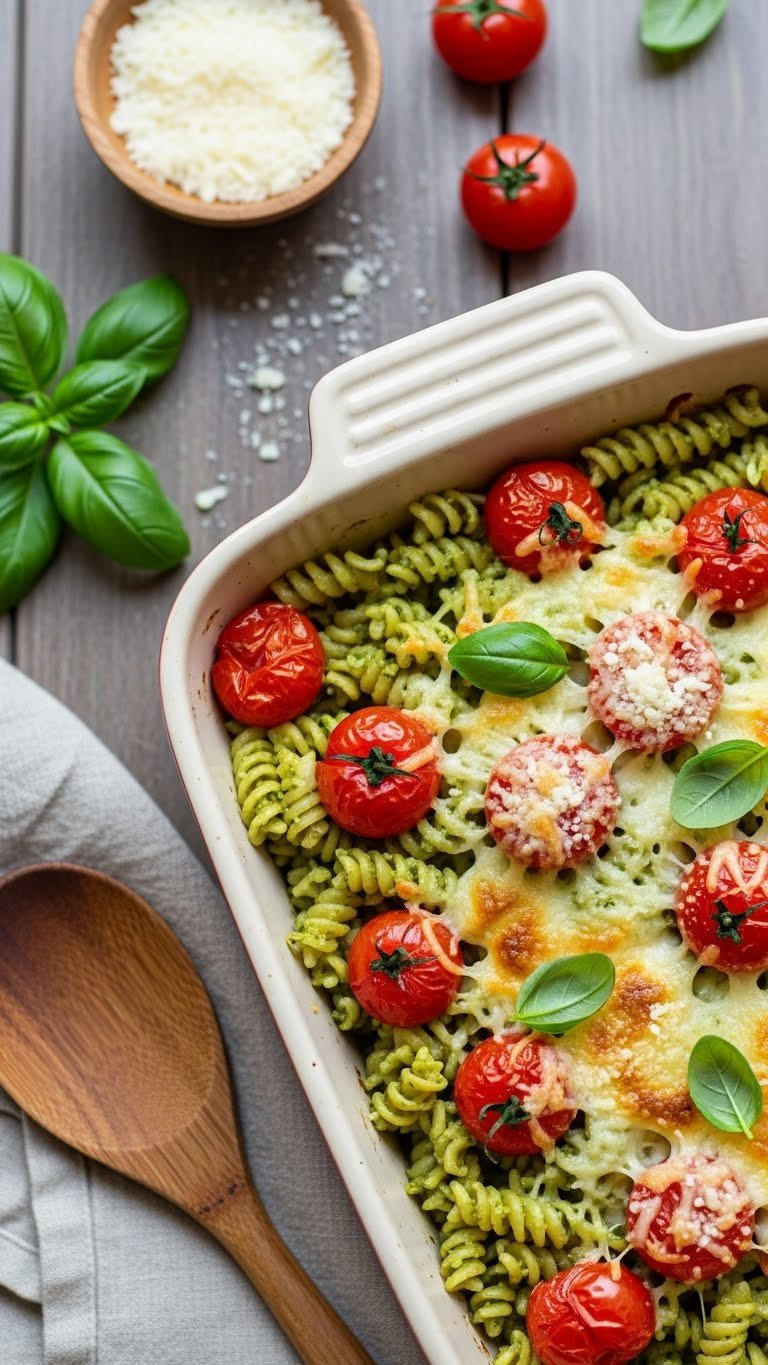 Pesto Pasta Bake With Al Dente Noodles, Burst Cherry Tomatoes, And Melted Mozzarella Cheese In Rustic Ceramic Dish.