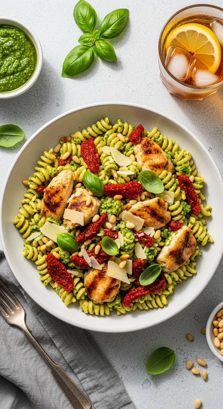 Pesto Pasta With Grilled Chicken Sun-Dried Tomatoes Pine Nuts And Parmesan In A Bowl On A Linen Background With Basil And Pesto