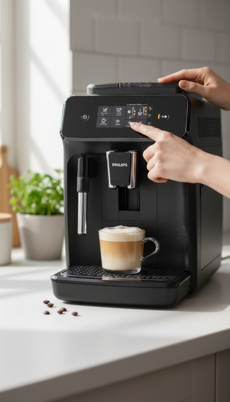 A Philips 1200 Series Espresso Machine On A Kitchen Counter With A Bag Of Coffee Beans, A Notebook, And A Filled Espresso Cup Nearby.
