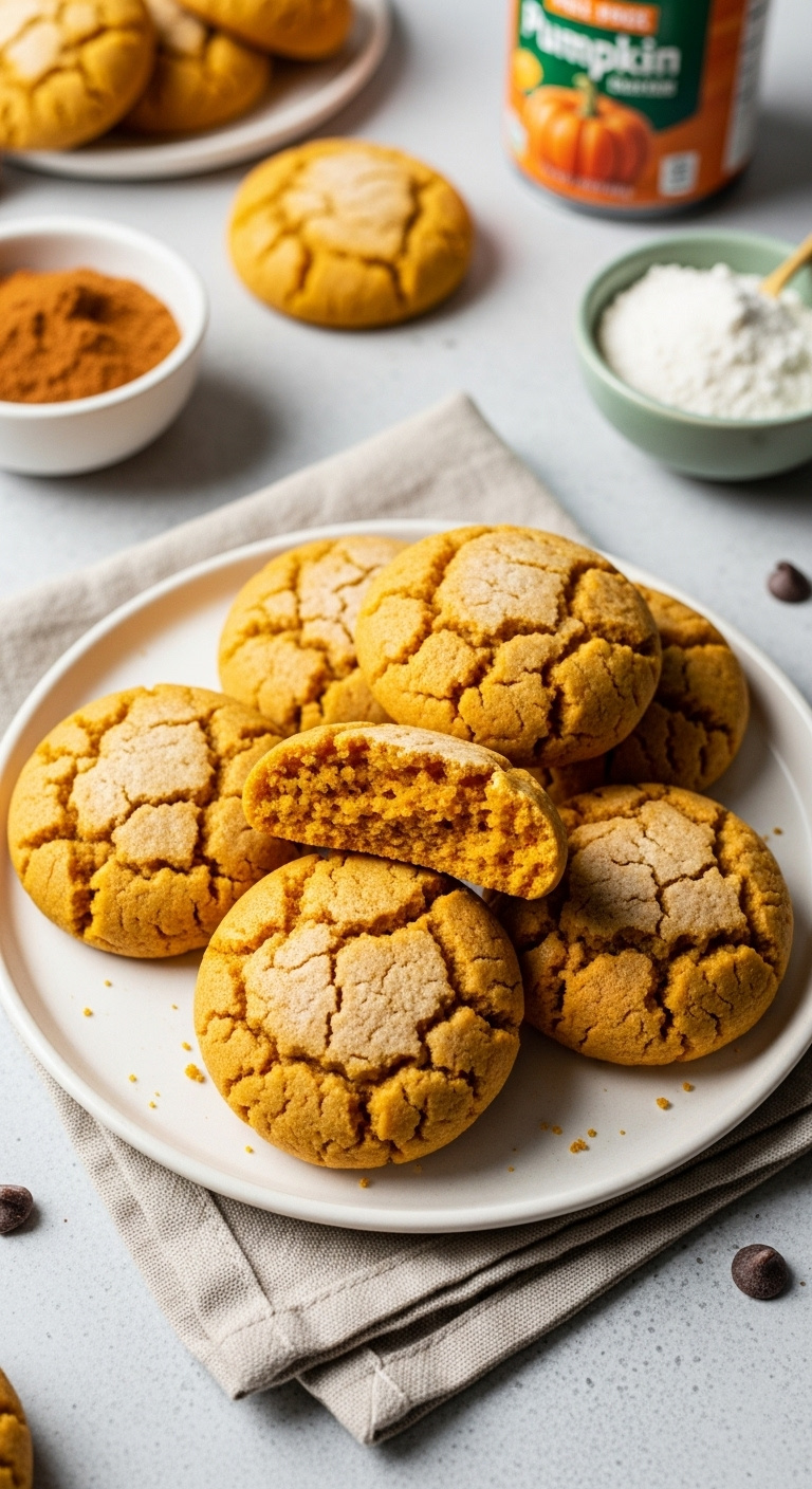 Photorealistic 3-Ingredient Pumpkin Spice Cookies On Linen Napkin Broken Cookie Soft Natural Window Light Textured Countertop Vertical Portrait