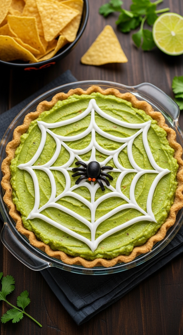 Photorealistic 7-Layer Dip With Guacamole Base And Sour Cream Spider Web Design With Black Olive Spider On Dark Rustic Wood Table
