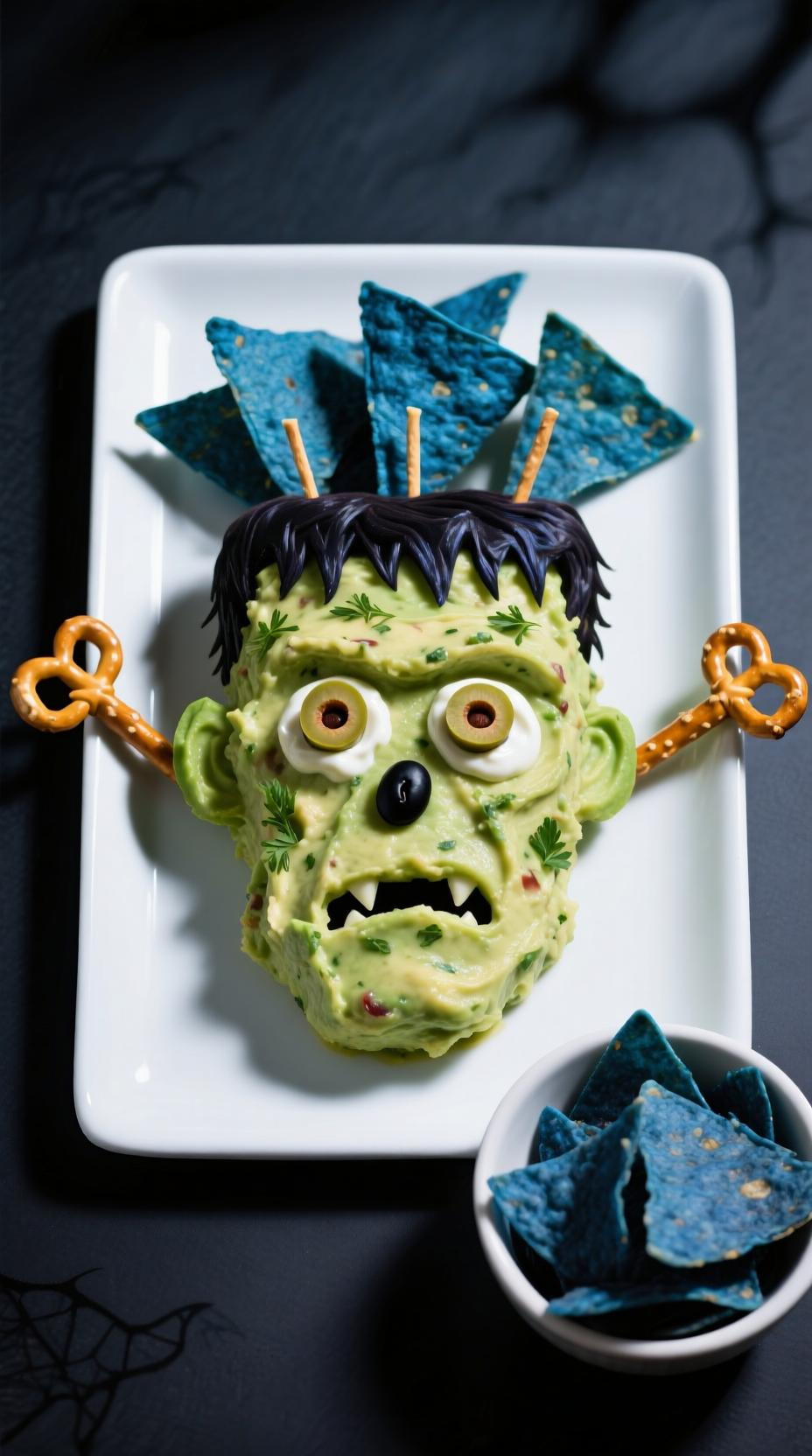 Photorealistic Frankenstein's Monster Head Shaped Guacamole With Blue Corn Chip Hair Sour Cream And Olive Eyes Black Bean Mouth Pretzel Neck