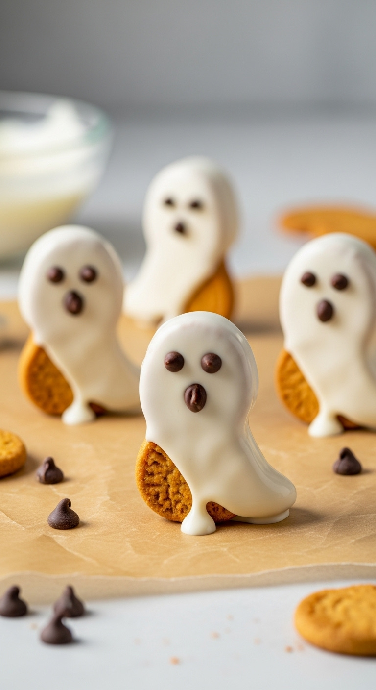 Photorealistic Nutter Butter Cookies Dipped In White Chocolate With Mini Chocolate Chip Eyes Standing On Parchment Paper Soft Natural Light