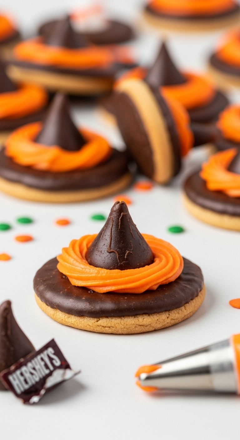 Photorealistic Witch Hat Cookie Made From A Fudge Stripe Cookie Hershey's Kiss And Orange Frosting On A White Surface Bright Cheerful Light