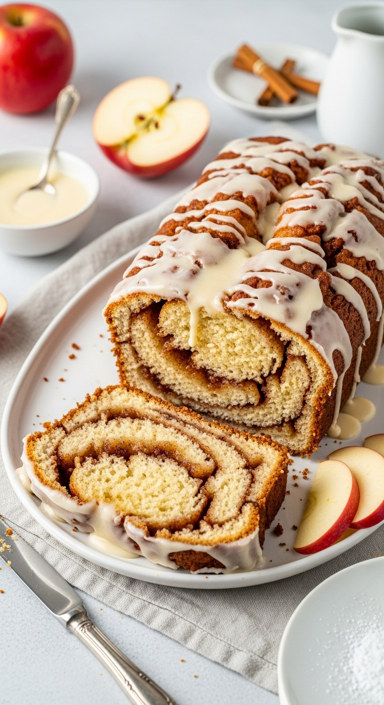 Photorealistic Apple Fritter Bread With Vanilla Glaze Sliced Showing Cinnamon Apple Filling On White Ceramic Platter Bright Studio Light Vertical