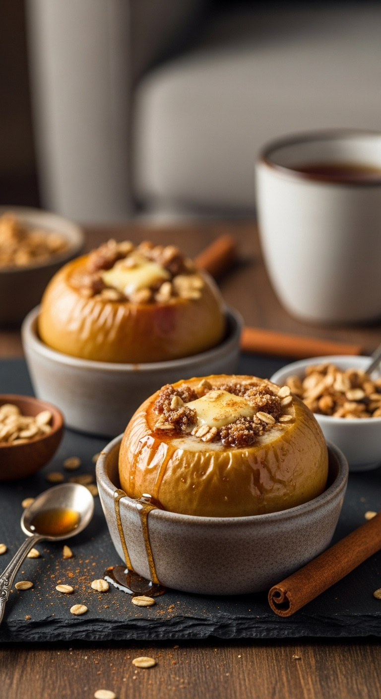 Photorealistic Baked Cinnamon Apples In Rustic Ramekins Slate Cheese Board Warm Evening Light Cozy Living Room Background Vertical Portrait