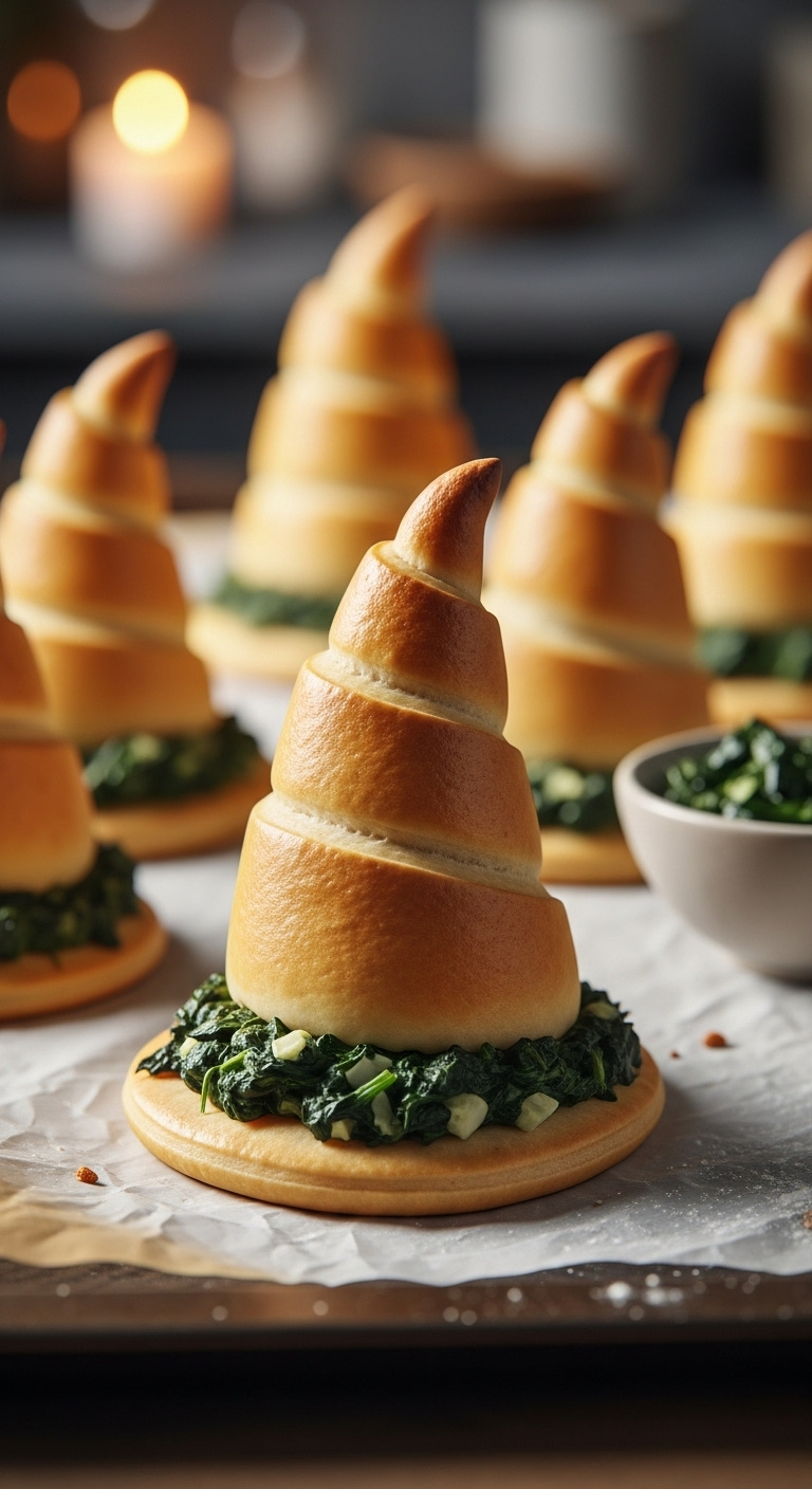 Photorealistic Baked Crescent Rolls Shaped Like Witch Hats Filled With Savory Spinach And Cheese On Parchment Paper Warm Oven Light