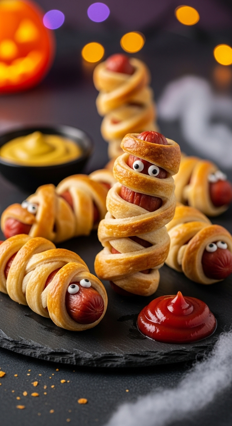 Photorealistic Baked Mummy Hot Dogs With Crescent Roll Bandages And Candy Eyes On A Dark Slate Platter With Ketchup Warm Moody Light Spooky Party