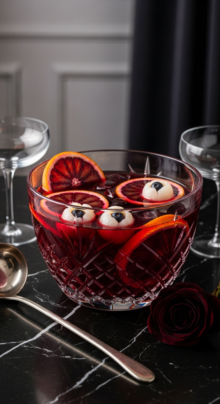 Photorealistic Blood Orange Vampire Punch In Crystal Bowl With Blood Orange Slices And Lychee Eyeballs On Black Marble Countertop Gothic Elegant