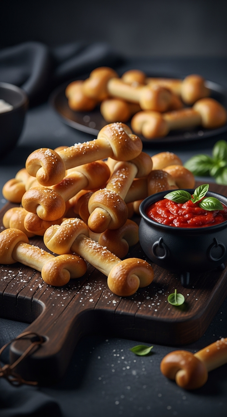 Photorealistic Bone-Shaped Breadsticks With Red Marinara Dipping Sauce In A Cauldron Bowl On A Rustic Dark Wood Board Moody Light