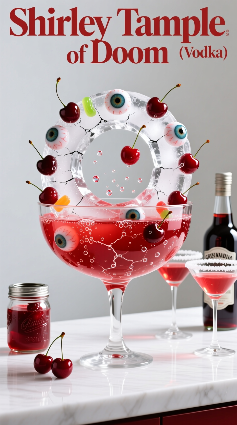 Photorealistic Bright Red Shirley Temple Of Doom Punch In Clear Glass Bowl With Ice Ring Containing Cherries And Gummy Eyeballs Fun Spooky