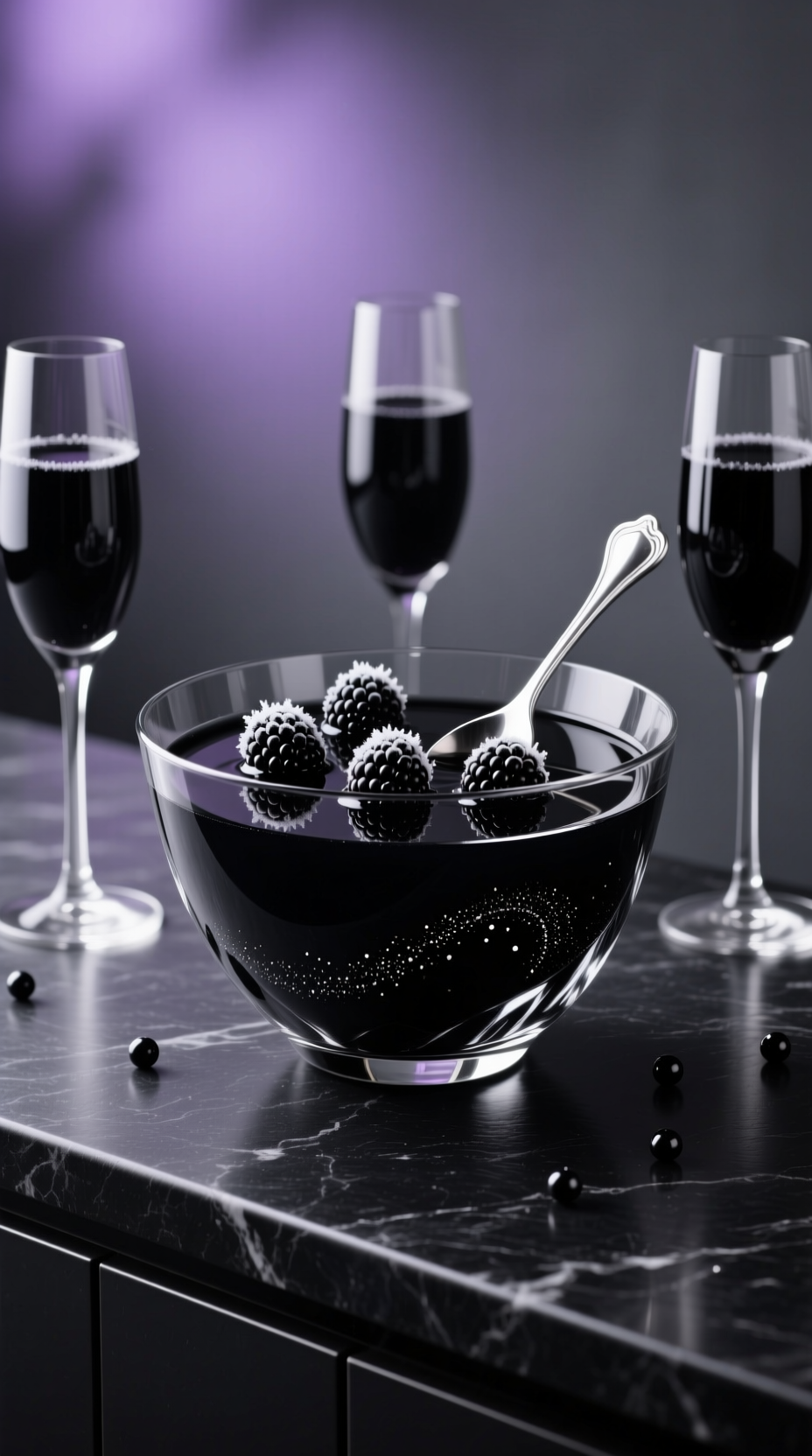 Photorealistic Bubbling Black Magic Punch In Sleek Glass Bowl With Edible Black Pearl Dust And Frozen Blackberries Elegant Mysterious Mood