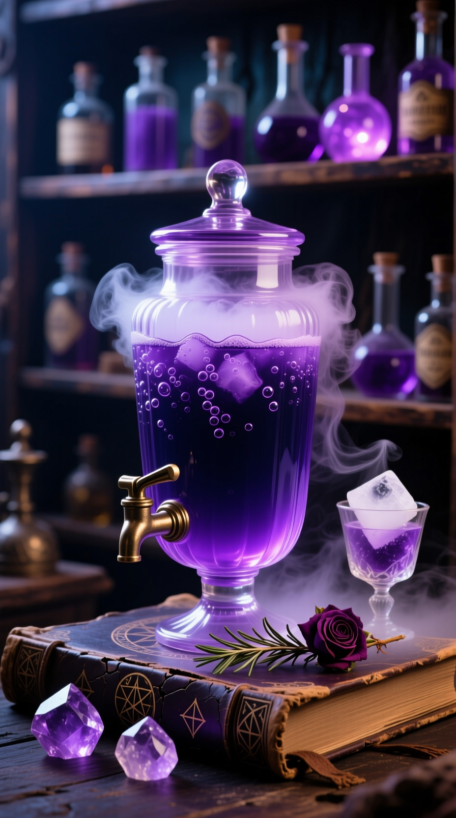Photorealistic Bubbling Deep Purple Hocus Pocus Potion Punch In Vintage Glass Beverage Dispenser With Dry Ice Fog Magical Enchanting
