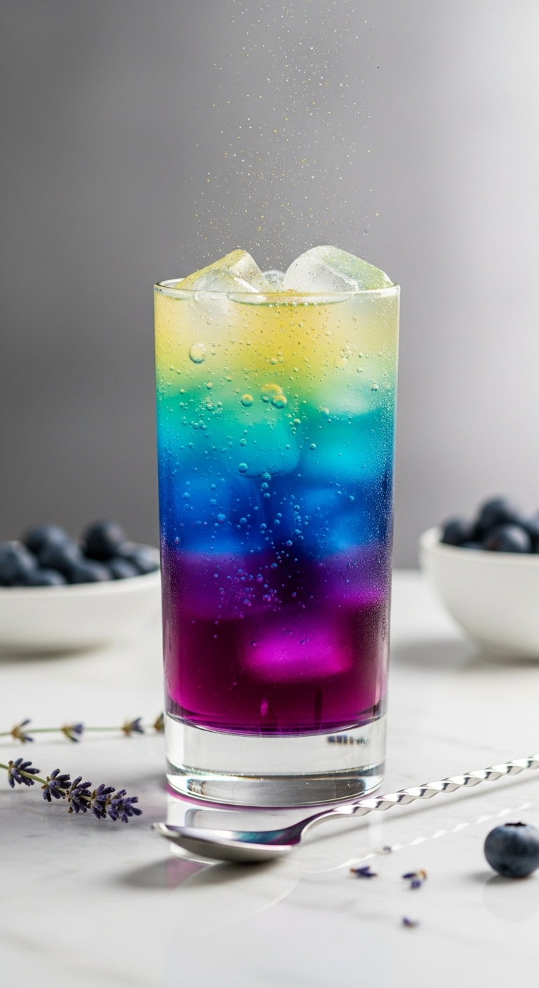 Photorealistic Bubbling Layered Cocktail With Purple Blue And Yellow Gradient Edible Glitter In Highball Glass On White Marble Countertop Magical