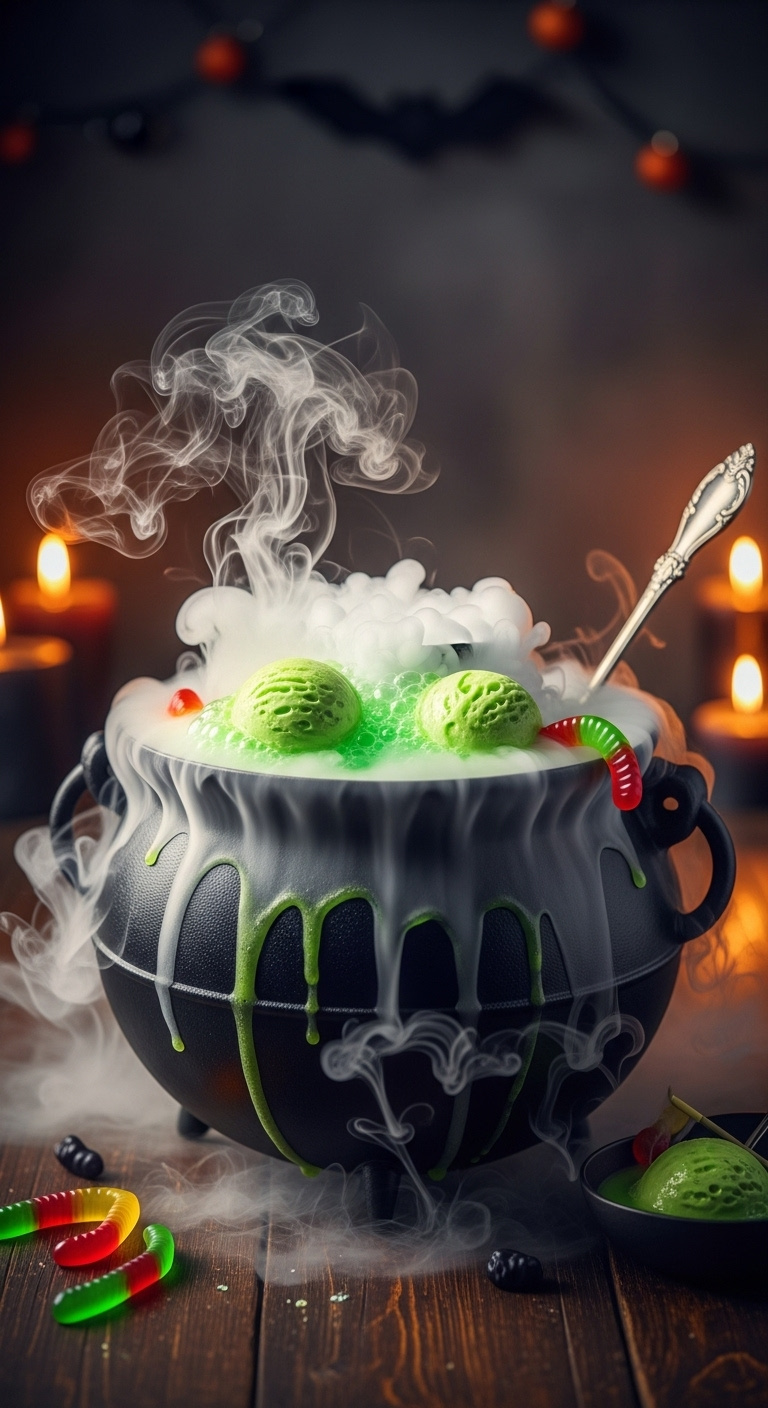Photorealistic Bubbling Witch's Brew Punch In A Black Cauldron With Glowing Green Liquid Dry Ice Smoke And Lime Sherbet Dark Moody Light Magical