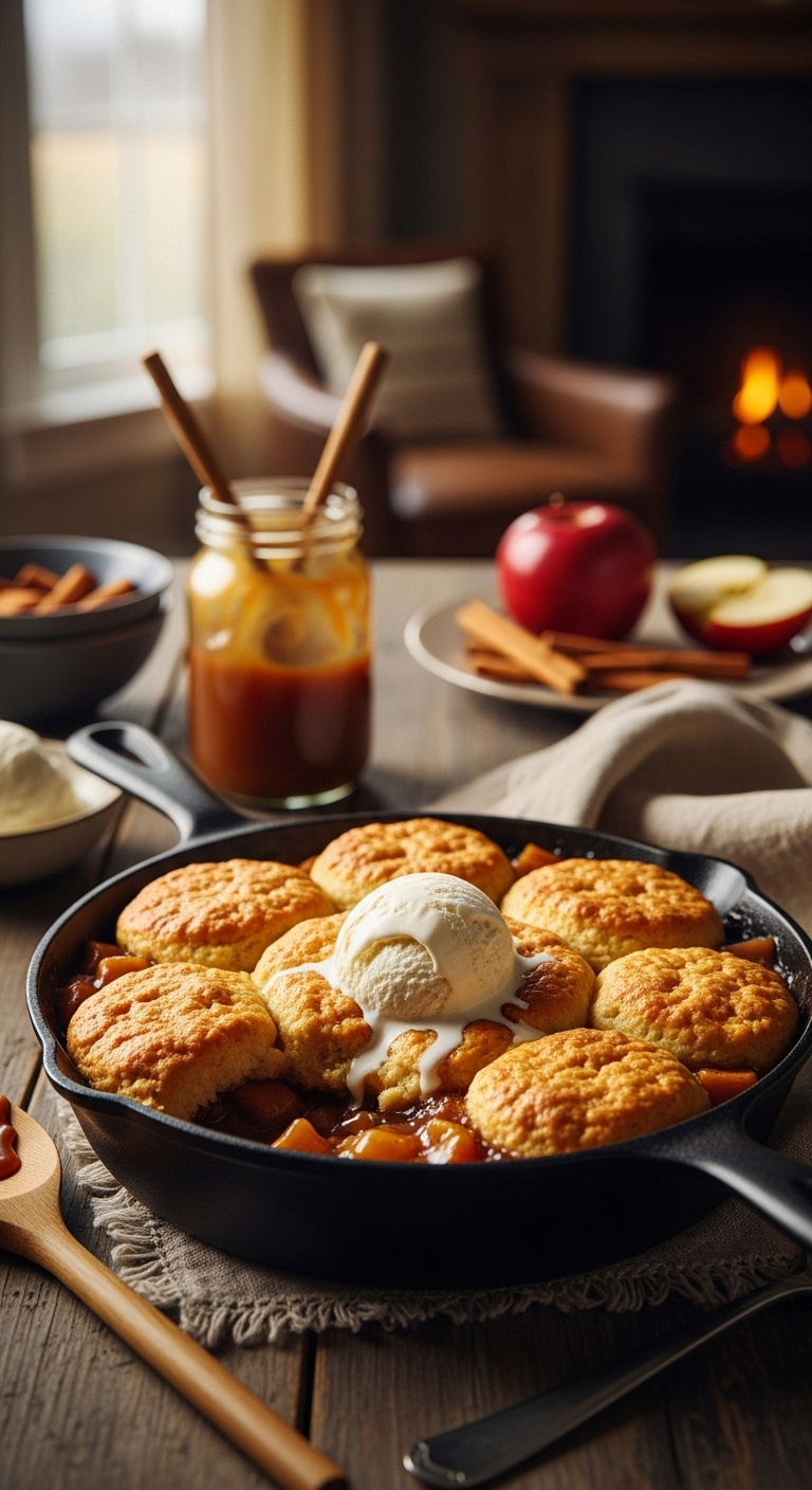 Photorealistic Caramel Apple Cobbler In Cast Iron Skillet With Melting Ice Cream Distressed Wooden Table Cozy Living Room Background