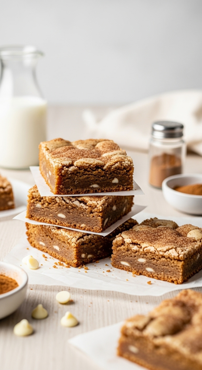 Photorealistic Cinnamon Sugar Blondies Stack Parchment Paper Light Wooden Surface Bright Studio Light Minimalist Wall Vertical Portrait