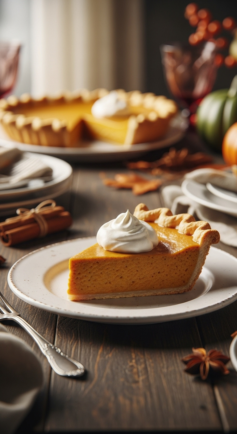 Photorealistic Classic Make-Ahead Pumpkin Pie Slice With Whipped Cream On A Rustic Plate Natural Light Warm Cozy Autumn Setting