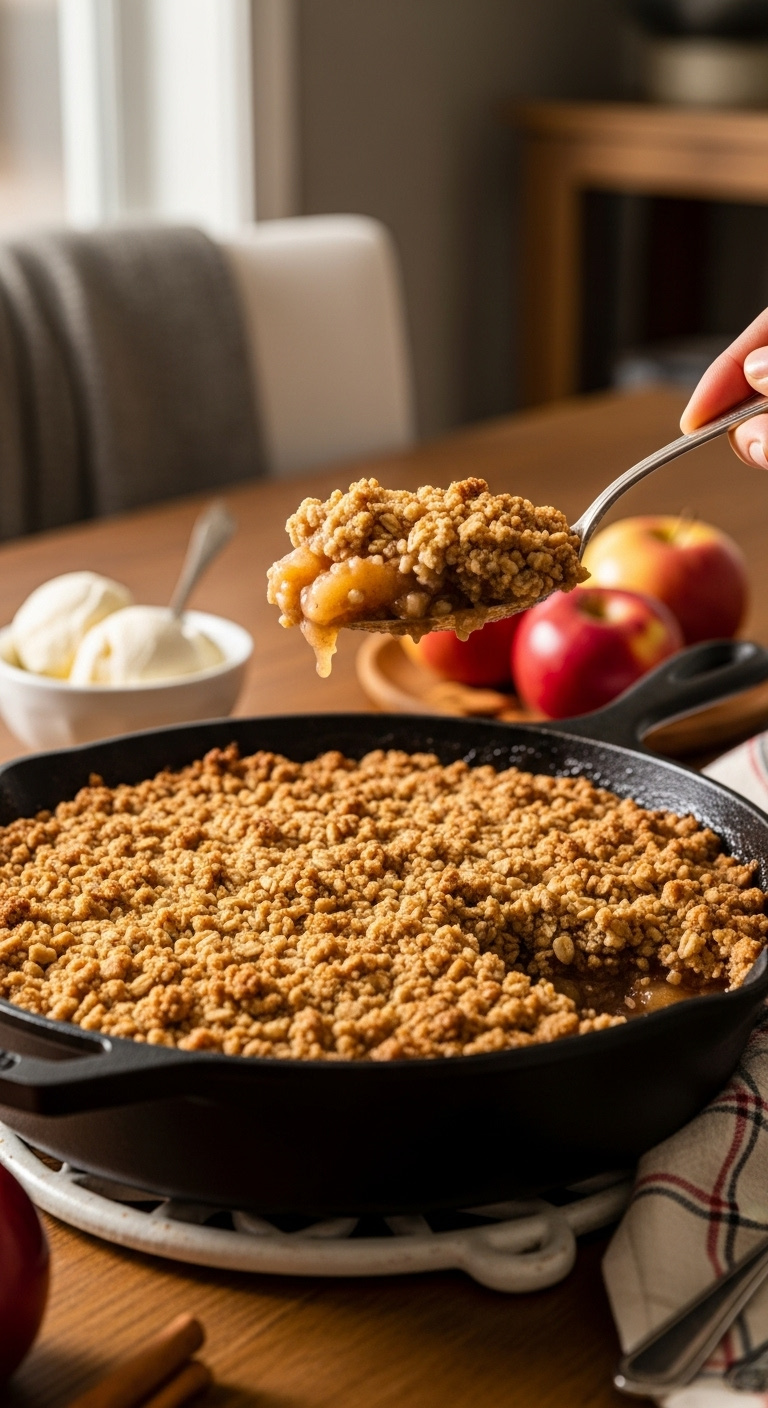 Photorealistic Classic Skillet Apple Crisp With Oat Nut Crumble In Cast Iron Skillet Serving Spoon Cozy Dining Area Warm Sunlight
