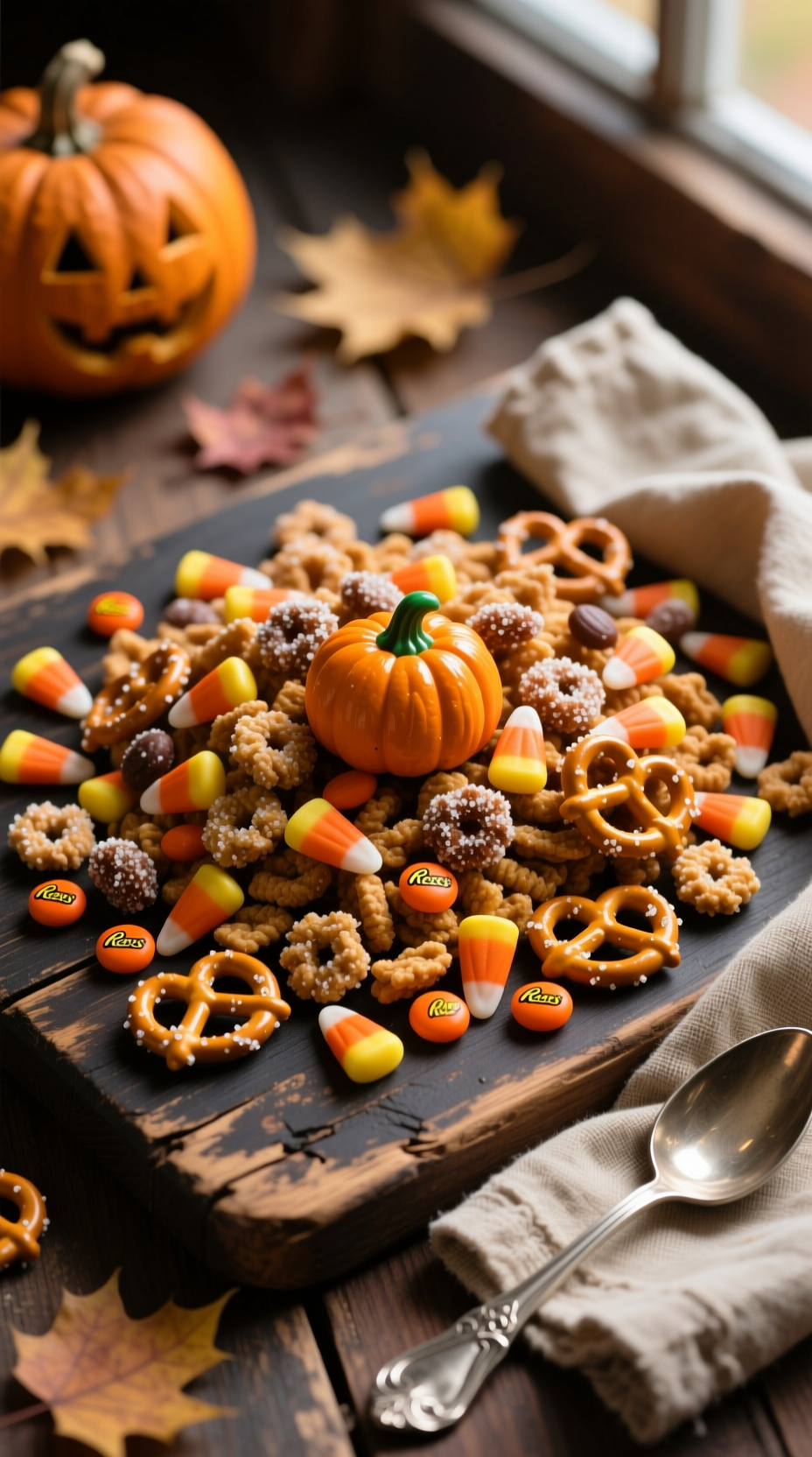 Photorealistic Classic Sweet And Salty Harvest Chex Mix With Candy Corn Reese's Pieces And Pretzels On Dark Wooden Surface Cozy Autumn
