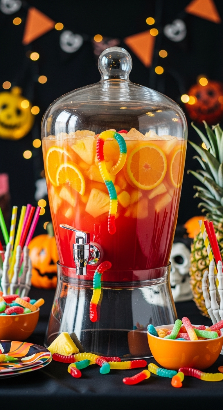 Photorealistic Creepy Crawler Jungle Juice In Beverage Dispenser With Layered Orange And Red Punch Tropical Fruit And Gummy Worms Vibrant Party
