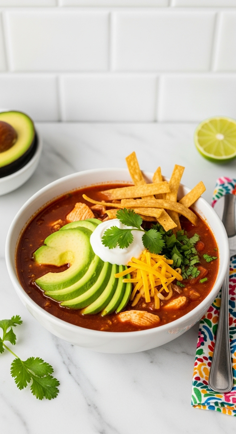 Photorealistic Crockpot Chicken Tortilla Soup With Avocado Sour Cream Cheese Cilantro And Tortilla Strips On A Marble Counter
