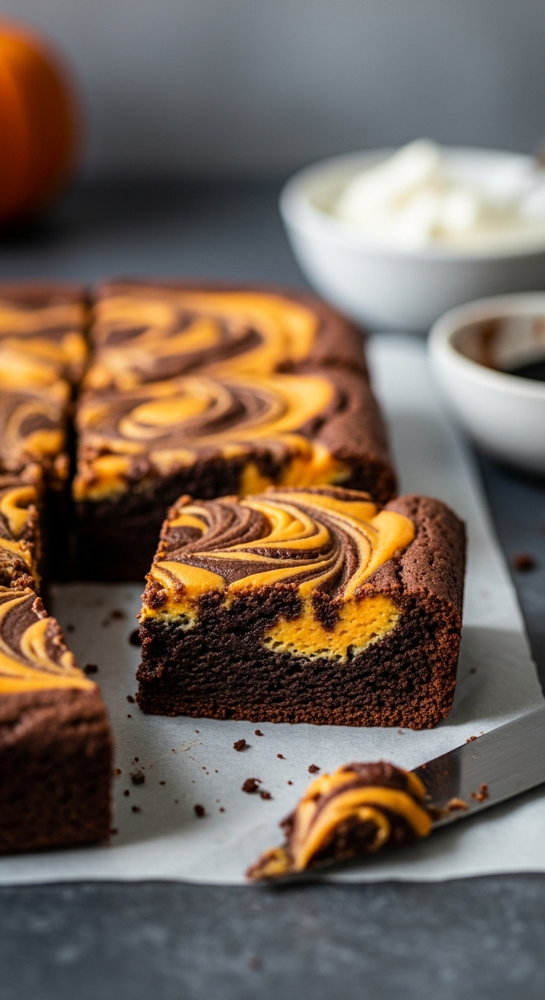 Photorealistic Cut Brownie Square Showing Dramatic Dark Chocolate And Vibrant Orange Cream Cheese Swirl Pattern On Parchment Paper