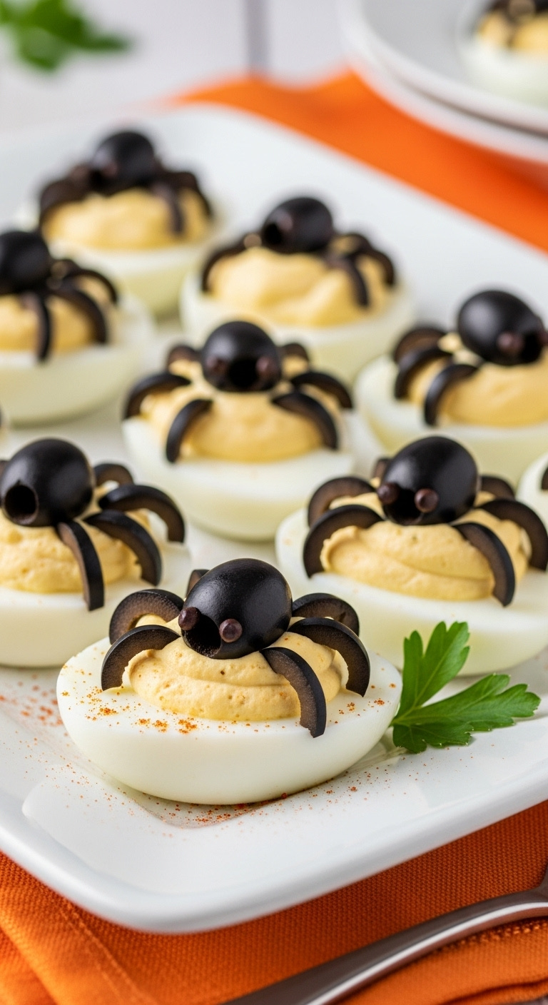 Photorealistic Deviled Eggs Topped With Black Olive Spiders On A White Ceramic Platter Bright Airy Light Classic Spooky Party