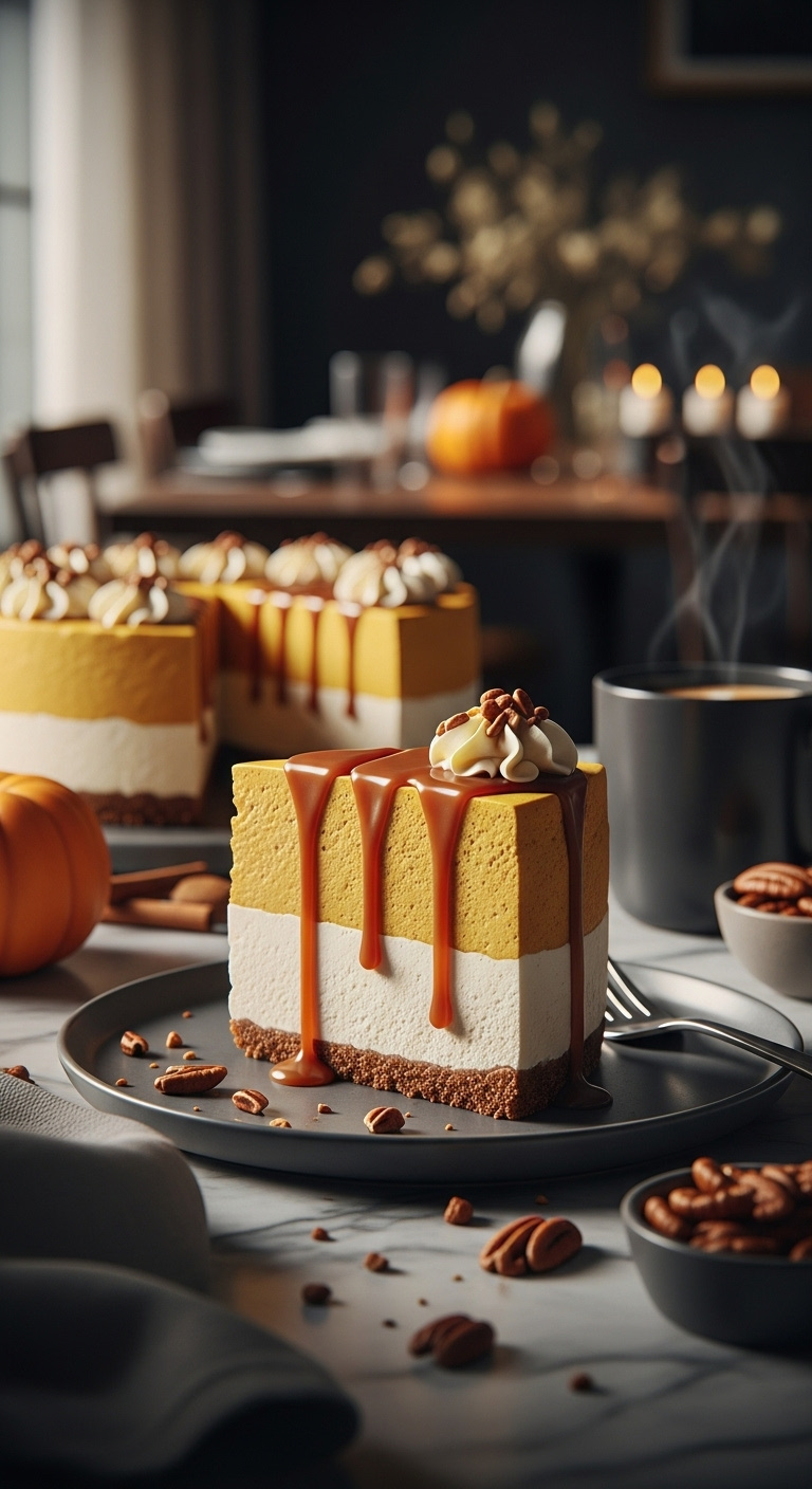Photorealistic Double Layer Pumpkin Cheesecake Slice With Caramel Drizzle On Slate Plate Marble Surface Warm Moody Light Elegant Decadent