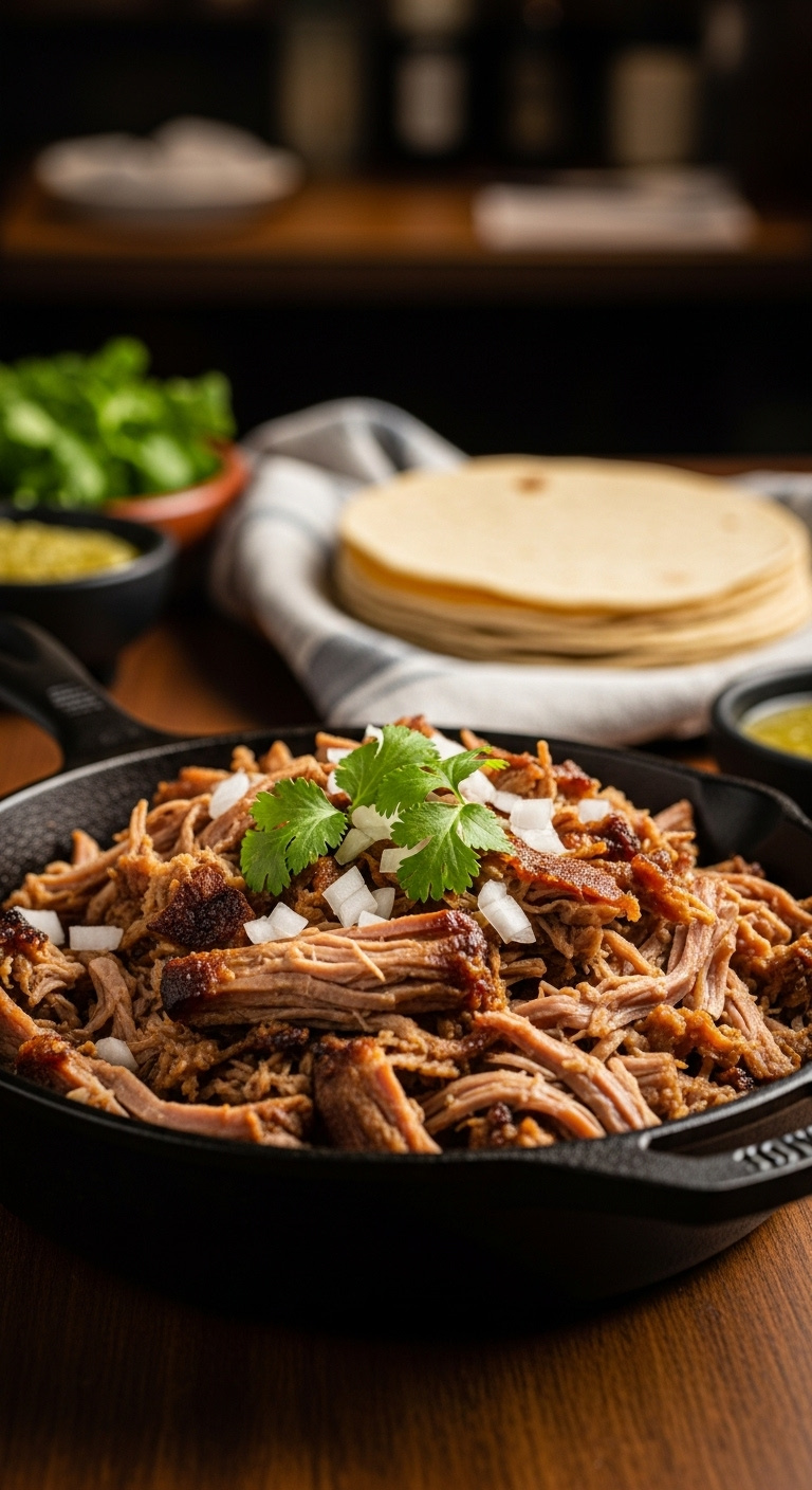 Photorealistic Easy Slow Cooker Carnitas With Cilantro And Onion In A Cast Iron Skillet With Tortillas And Salsa Verde