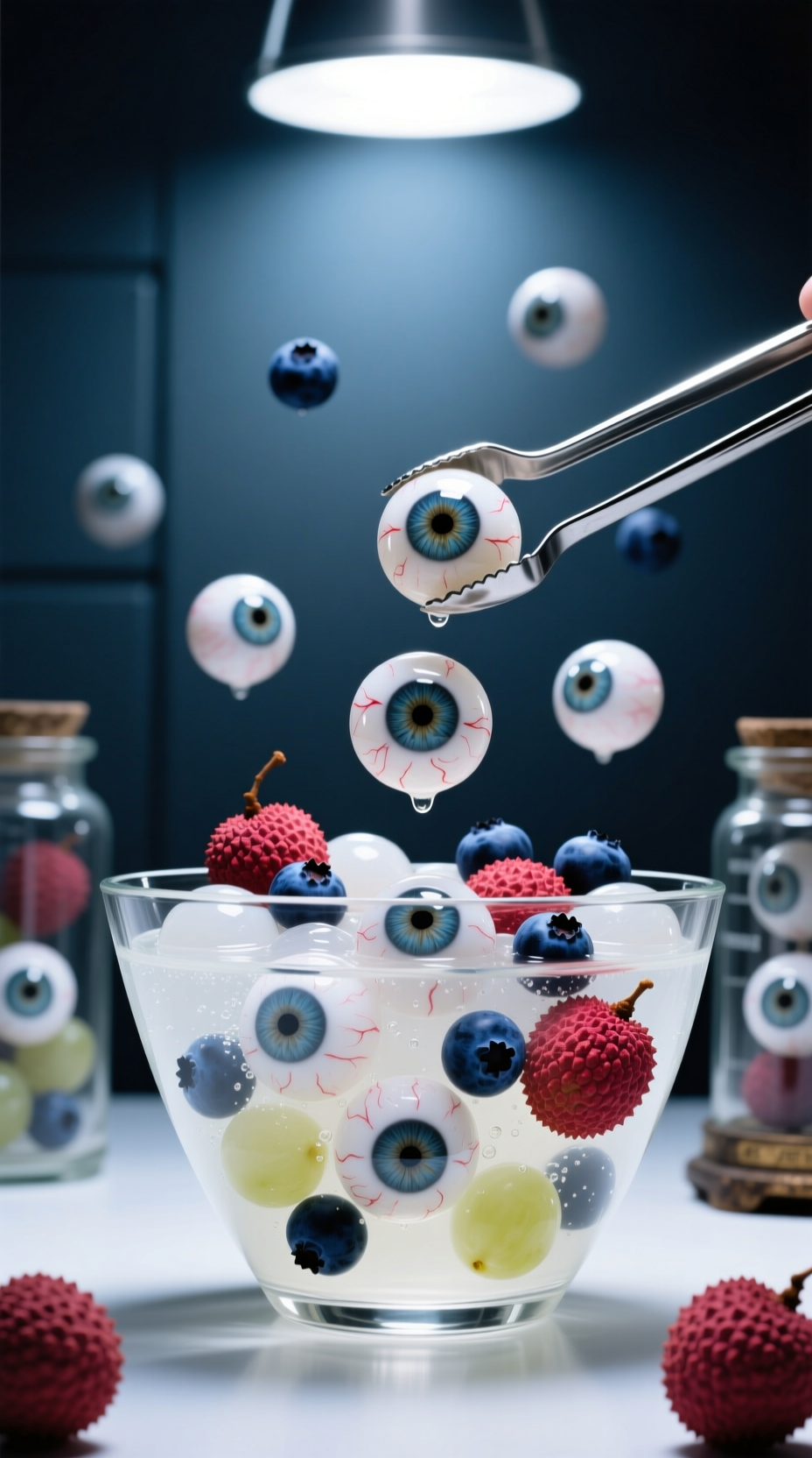Photorealistic Eerie Eyeball Punch In Clear Glass Bowl With Dozens Of Lychee And Blueberry Eyeballs Floating Harsh Overhead Light Unsettling
