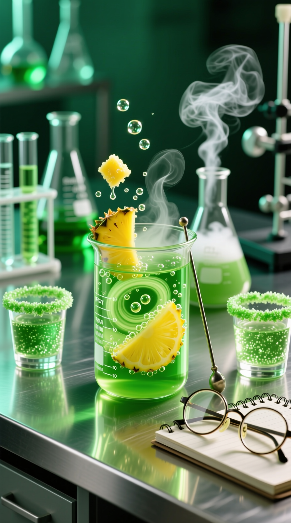 Photorealistic Fizzing Multi-Toned Green And Yellow Polyjuice Potion In Scientific Beaker With Melting Pineapple Chunks Mad Scientist Lab