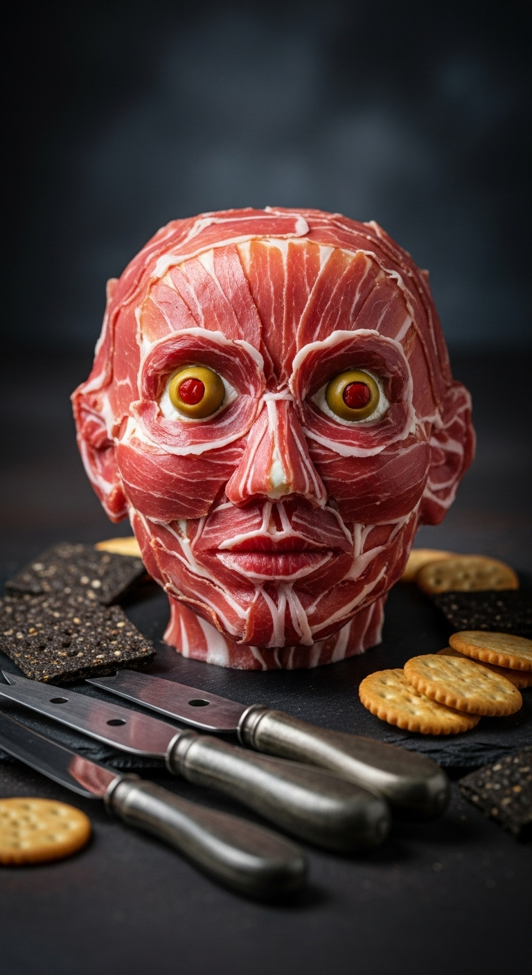 Photorealistic Flayed Man Prosciutto Cheese Ball Shaped Like A Human Head With Olive Eyes On A Dark Slate Slab Dramatic Lighting Gruesome