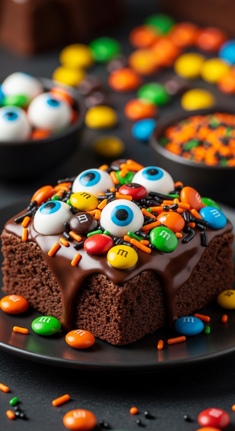Photorealistic Fudgy Brownie With Chocolate Glaze Candy Eyeballs Orange And Black Sprinkles Reese's Pieces And Mini Mms Vibrant Light
