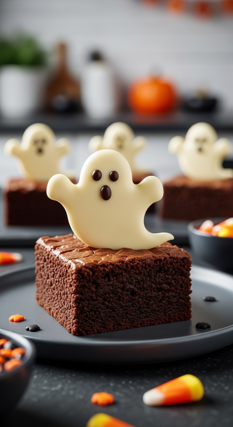 Photorealistic Fudgy Dark Chocolate Brownie Topped With A White Chocolate Ghost And Dark Chocolate Eyes On A Slate Platter With Candy Corn